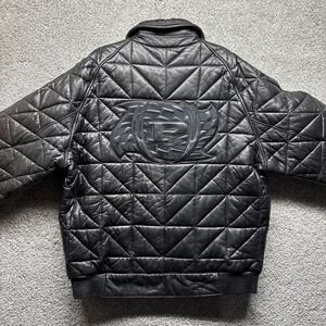 Phat Farm Quilted Leather Jacket Mens 2XL Black Vintage Y2K Hip Hop Bomber RARE